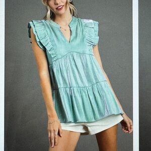 UMGEE #16 - NWT Women's Mint Blue Ruffle Sleeve Top with lilac shimmer (bin C)